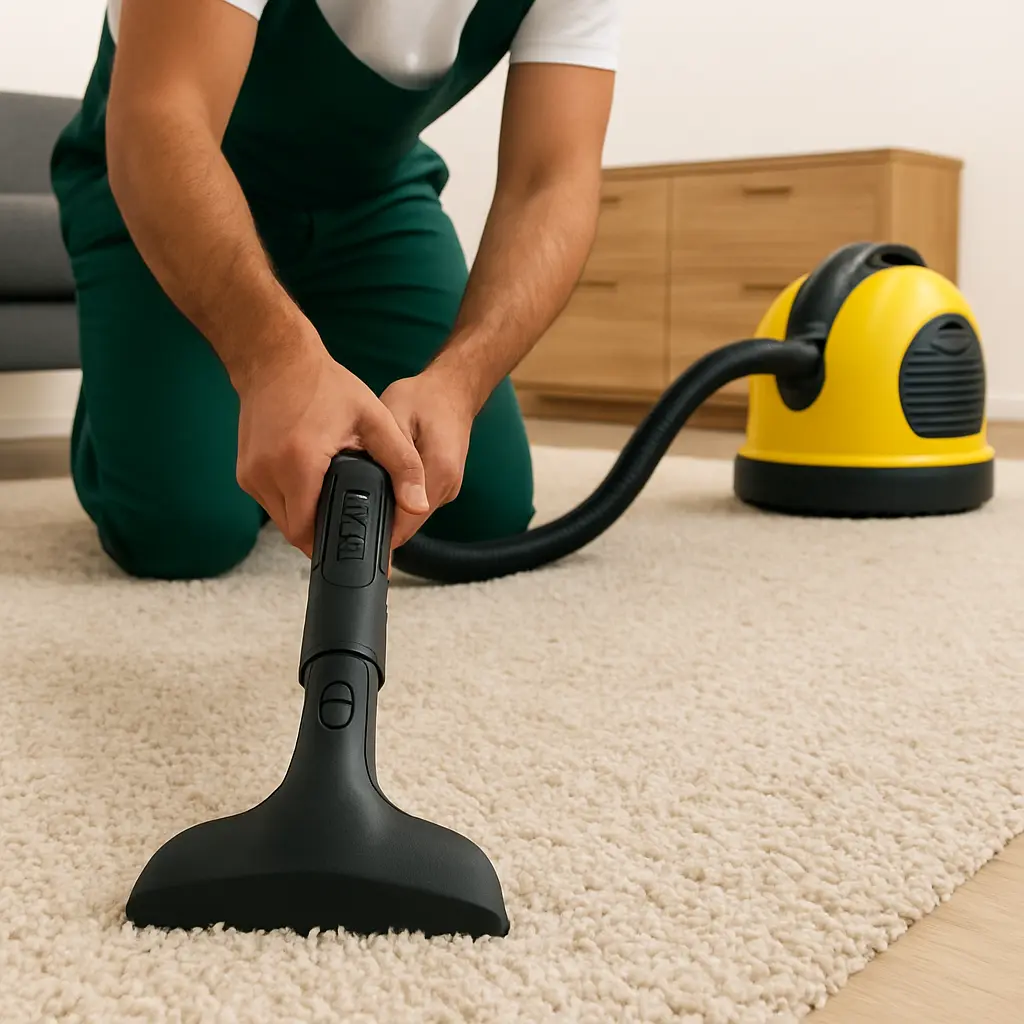 Professional rug cleaning Perth – cleaner using vacuum extraction machine on beige carpet.
