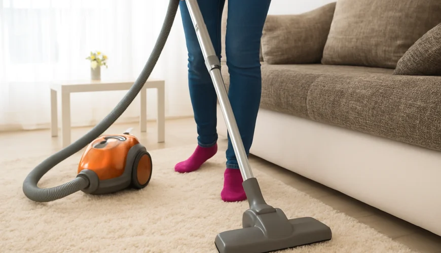 Carpet cleaning services showing a worker vacuuming a rug in a modern living room.