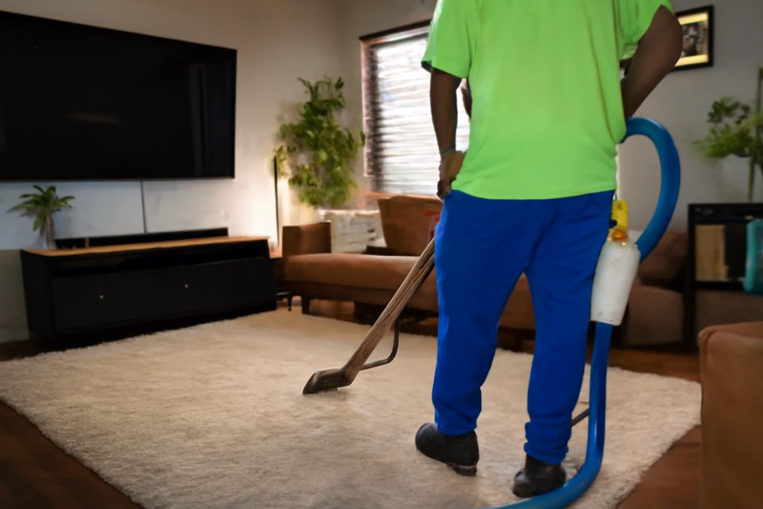 Professional carpet cleaner in lime green polo and blue pants using a silver wand on a beige carpet. The scene includes modern furniture and plants in a well-lit living room.