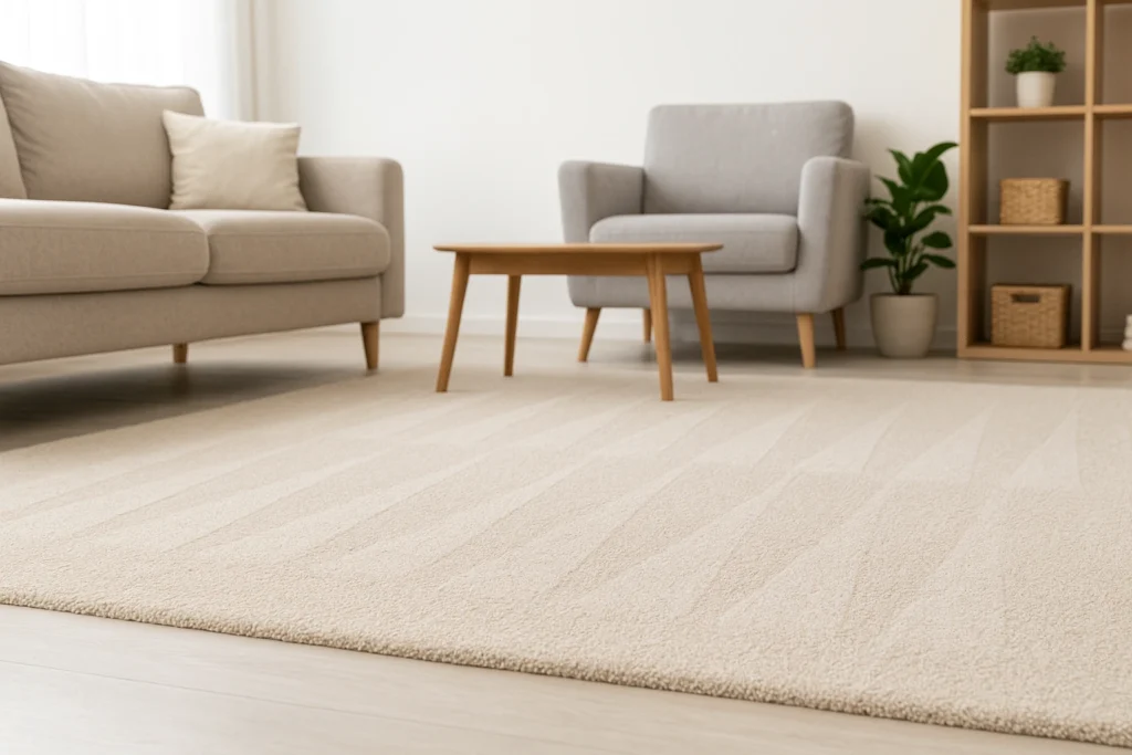 -Freshly cleaned beige carpet in a modern living room with sofa, armchair, wooden coffee table, and indoor plants – Carpet Cleaning Joondalup professional service