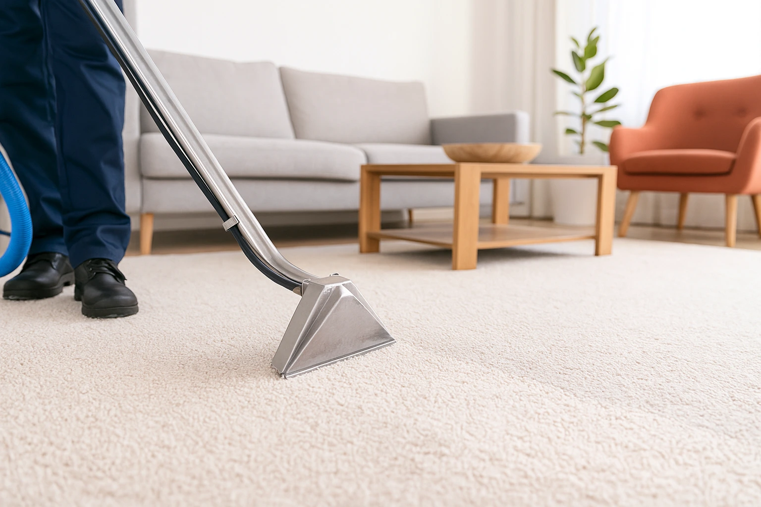 A professional carpet cleaner in navy blue attire and gloves cleaning a light beige carpet with an industrial-grade cleaning machine and wand in a minimalistic living room with a gray sofa and wooden shelving unit.
