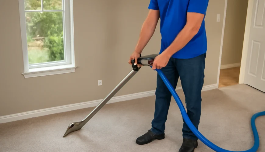 A professional carpet cleaner uses a wand to clean a light gray carpet in a bright, neutral-toned room. The image showcases the cleaner’s focused effort in a spacious, well-lit environment.