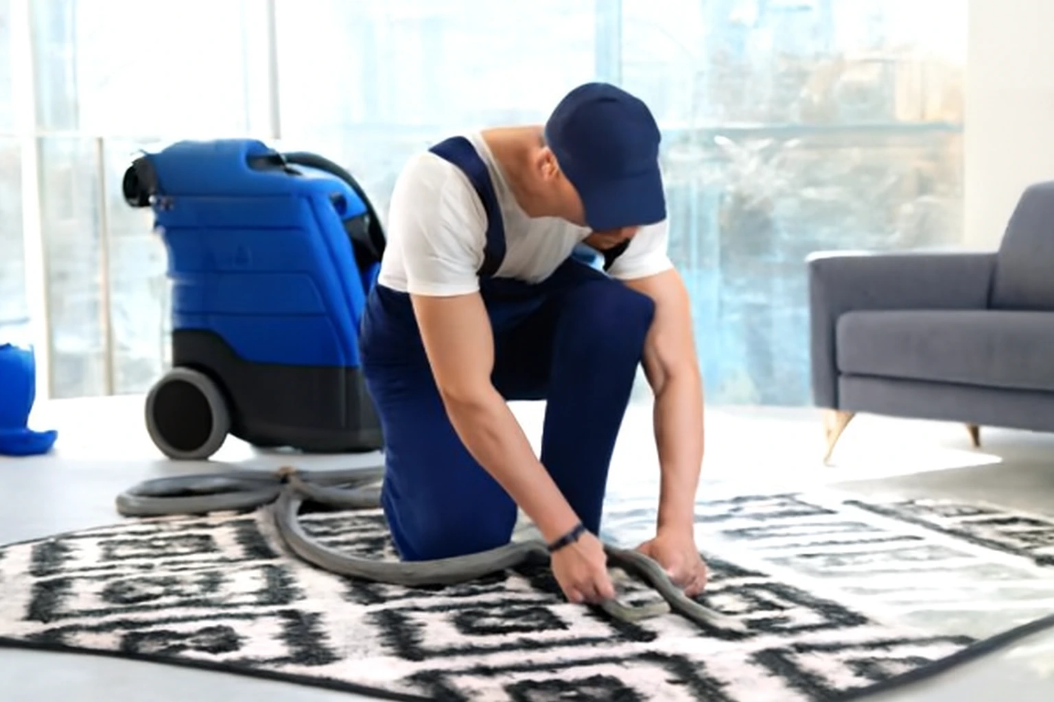 A professional carpet cleaner in a navy uniform, kneeling to clean a black and white zigzag-patterned rug with blue cleaning equipment in a sunlit living room.