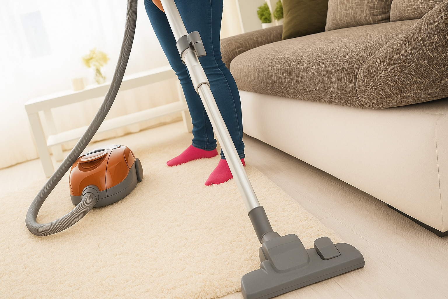 A person cleaning a light-colored carpet with a modern vacuum cleaner in a bright living room — best carpet cleaning in Dianella.