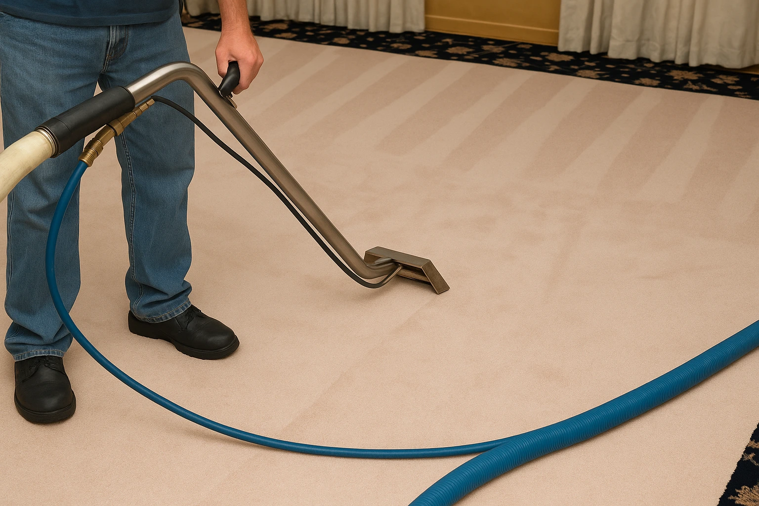 Professional carpet cleaner using a steam cleaning machine on a light beige carpet – best carpet cleaning services Perth by Superfast Carpet Cleaning.