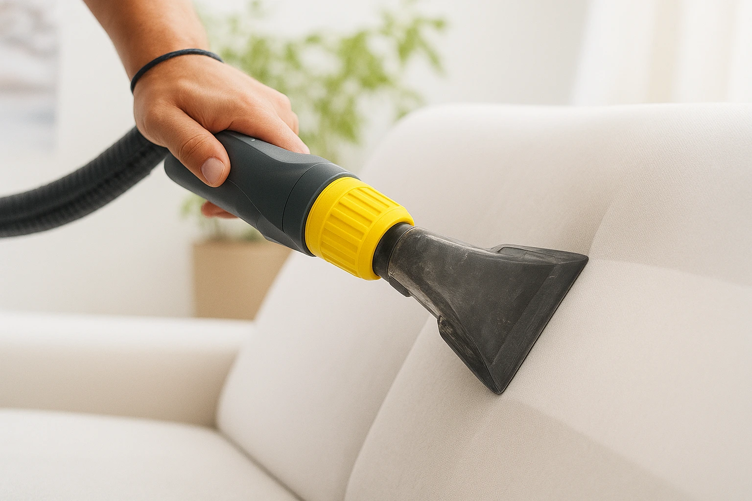 A professional cleaner using a steam cleaning machine on a white fabric sofa, representing the best sofa cleaning in Perth with fast, affordable, and eco-friendly service.