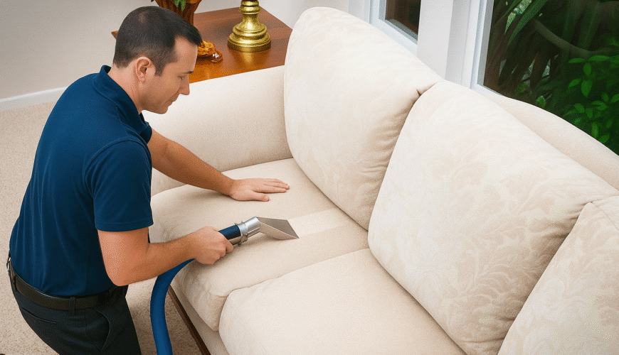 rofessional sofa cleaning in Perth by Superfast Carpet Cleaning technician using advanced steam cleaning equipment to deep clean and refresh fabric upholstery.