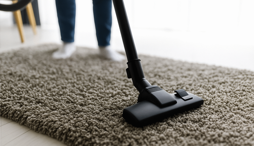 Professional carpet cleaning in Dianella — person vacuuming a soft, plush carpet to remove dust and dirt in a bright, modern home.