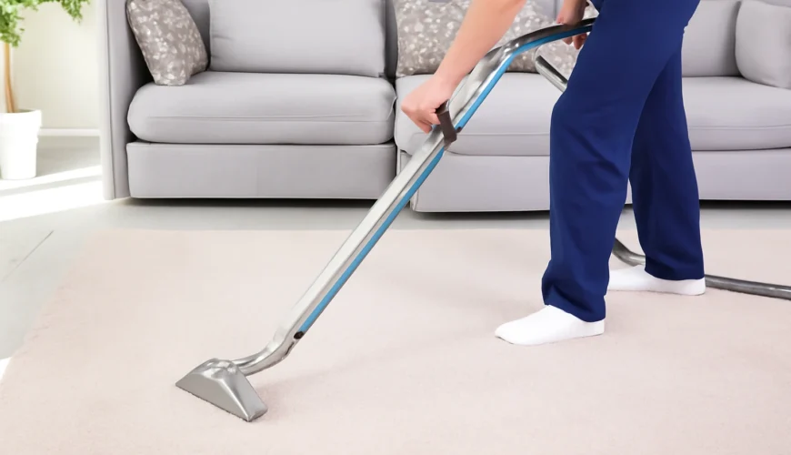 Professional cleaner performing end of lease carpet cleaning in a modern living room with a steam cleaning machine.