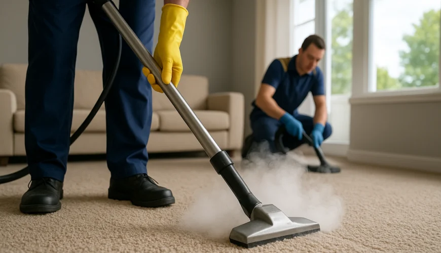 Professional cleaners performing commercial carpet cleaning services using industrial steam cleaning equipment in a modern office space.