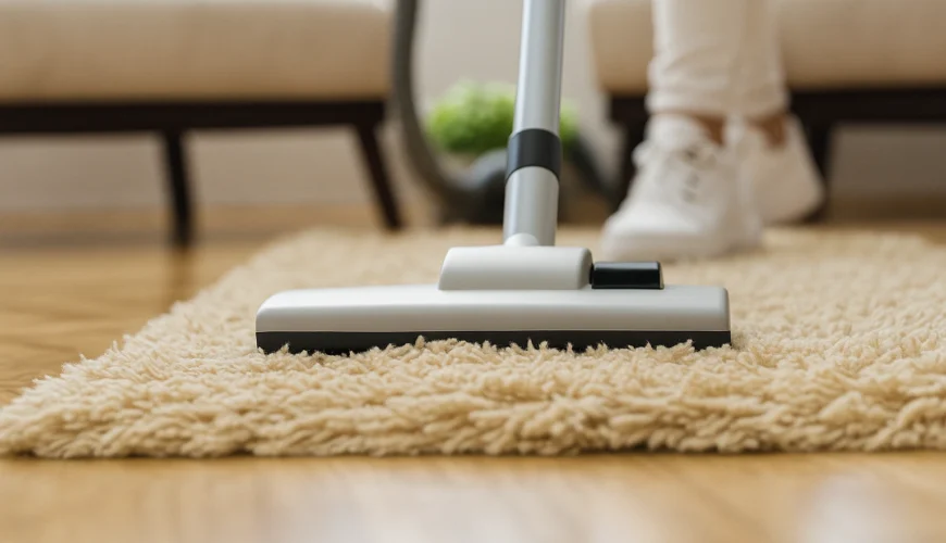 Professional cleaner performing quick dry carpet cleaning in Perth using advanced low-moisture equipment on a beige carpet in a modern living room.