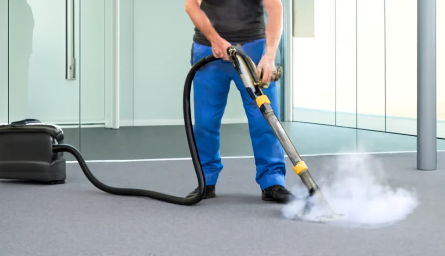 Person using a steam cleaner to clean a carpet in a modern office environment, showcasing dry carpet cleaning in Perth.