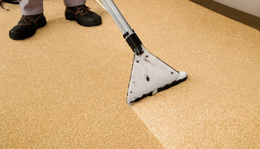 Person using a carpet cleaning machine on a beige textured carpet surface.